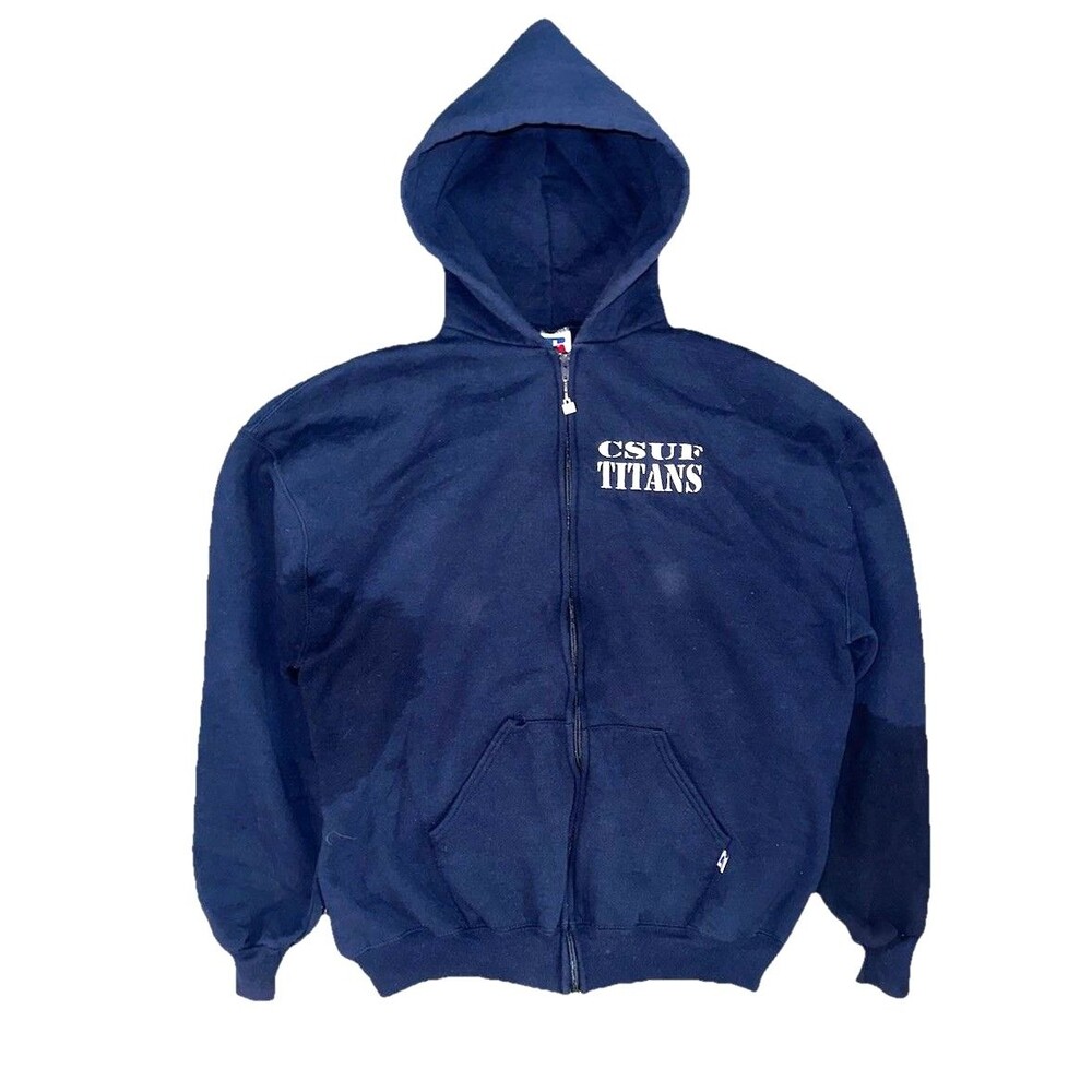 VTG 90s XL Russell Athletics USA Distressed Hooded Zip Up Sweatshirt Sweater